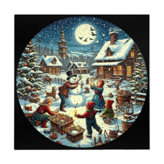 Vintage Christmas Card with Snowman and Children Mahjong Mats