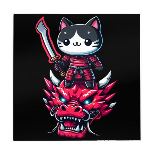 Samurai Cat with Sword on Dragon in Epic 3D Effect Mahjong Mats