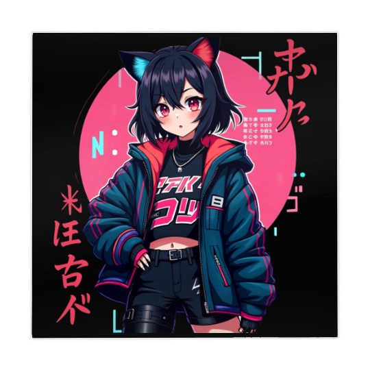 Cyberpunk Anime Girl with Cat Ears Neon Aesthetic Mahjong Mats