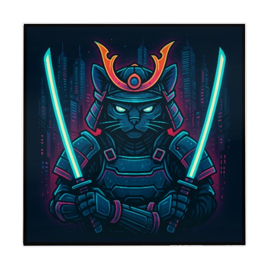 A futuristic samurai cat in neon armor with glo Mahjong Mats