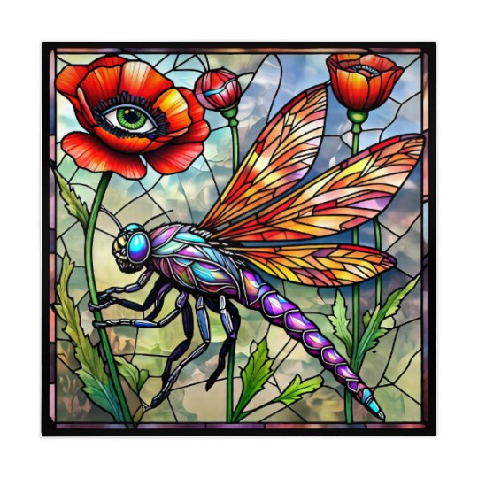 Dragonfly stained glass poppy flower insect eye Mahjong Mats