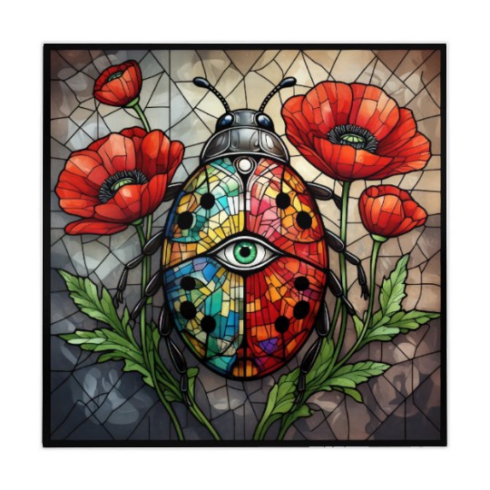 Ladybug stained glass vibrant poppy flower insect Mahjong Mats