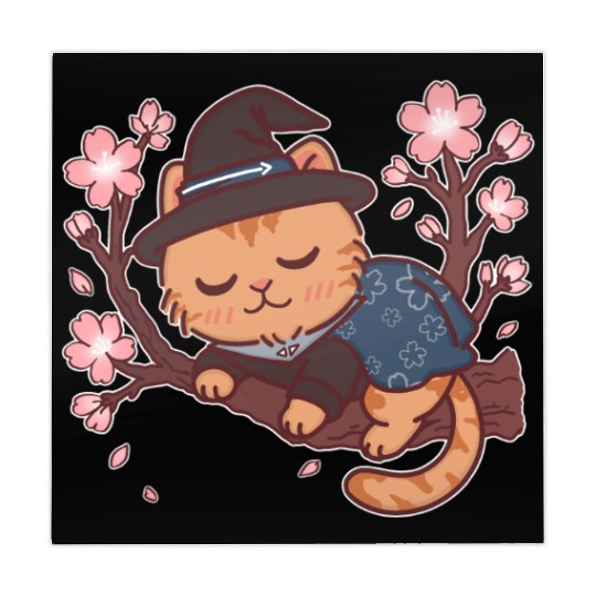 Kawaii Wizard Cat Sleeping on Sakura Tree – Magic  Mahjong Mats