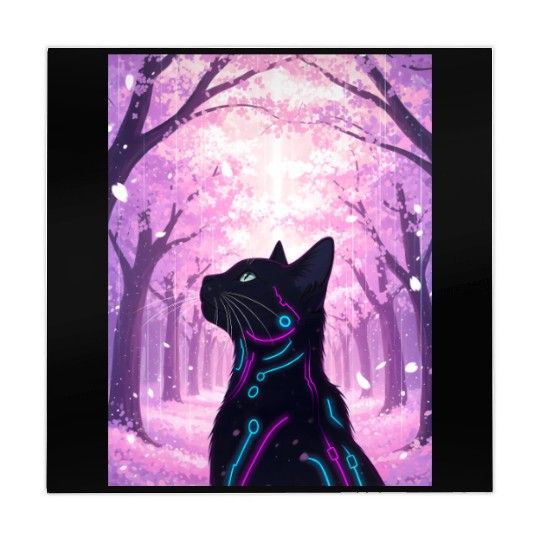 Midnight Cyber Cat | Pink Cherry Blossom Forest Mahjong Mats