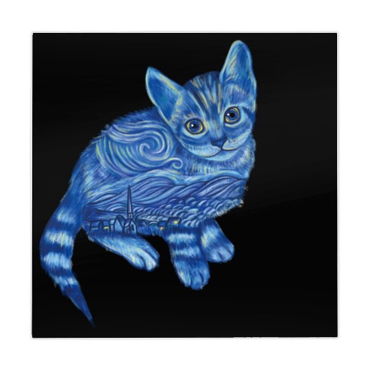 Blue Van Gogh Starry Night Bengal Cat Illustration Mahjong Mats