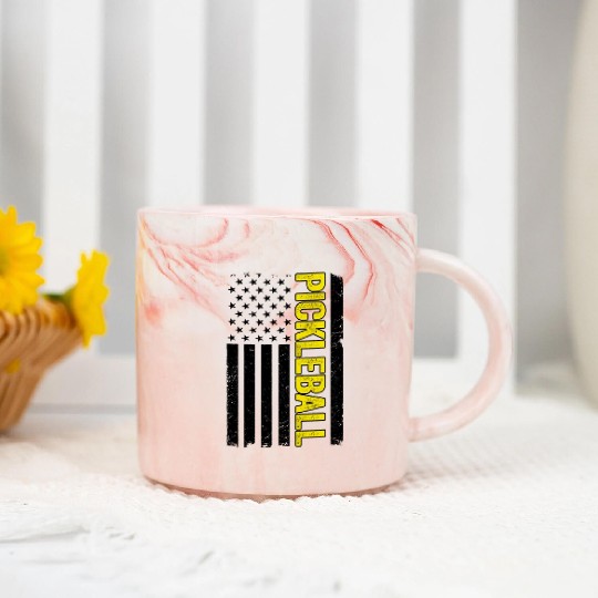 American Flag US Pickleball Funny Pickleball Marble Mugs