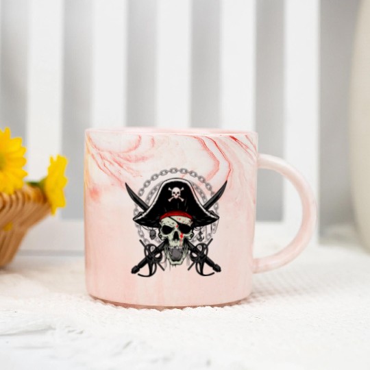 Ahoy Buccaneers Avast Ye motif of Pirate Skull Marble Mugs