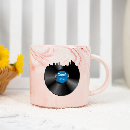Detroit Vinyl Skyline Record Music Lover Marble Mugs