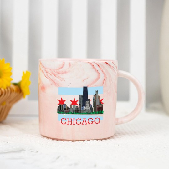 Chicago Skyline and Flag Marble Mugs