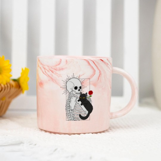 Black Demonic Cat Skeleton Hail Satan Death Metal Marble Mugs