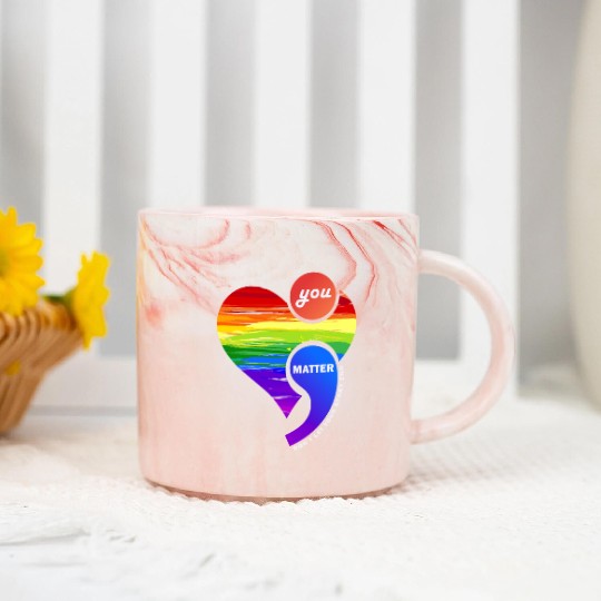 Rainbow Heart Semicolon You Matter Marble Mugs