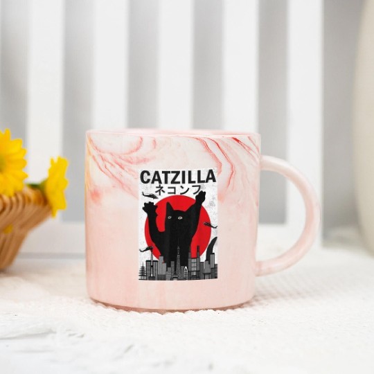 Vintage Catzilla Japanese Sunset Style Marble Mugs