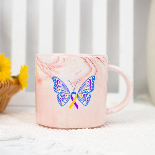 Bladder Cancer Purple Yellow Blue Ribbon Butterfly Marble Mugs