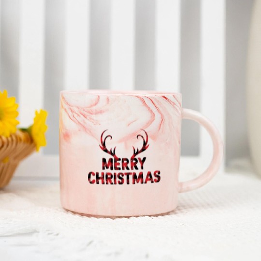 Merry Christmas Buffalo Plaid Deer Antler Marble Mugs