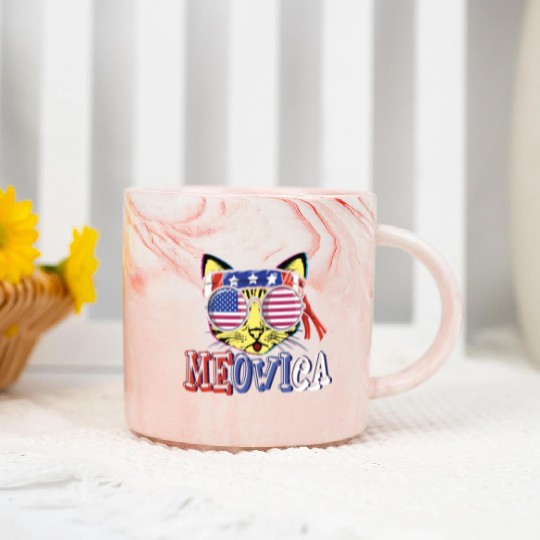 Meow Cat Kitten America American Flag 4th Of July Marble Mugs