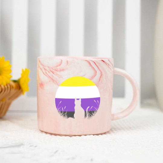 Cat Moon LGBT Nonbinary Flag Marble Mugs