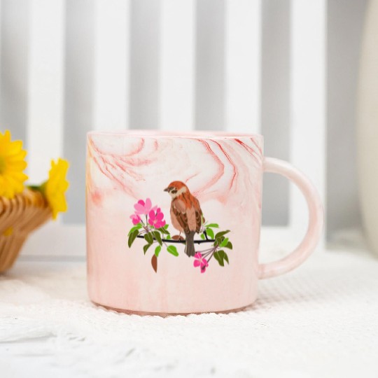 Sparrow on a branch pink flowers of an apple tree Marble Mugs