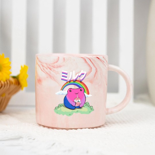 Kawaii Frog Strawberry Milk Bisexual Pride Flag Marble Mugs