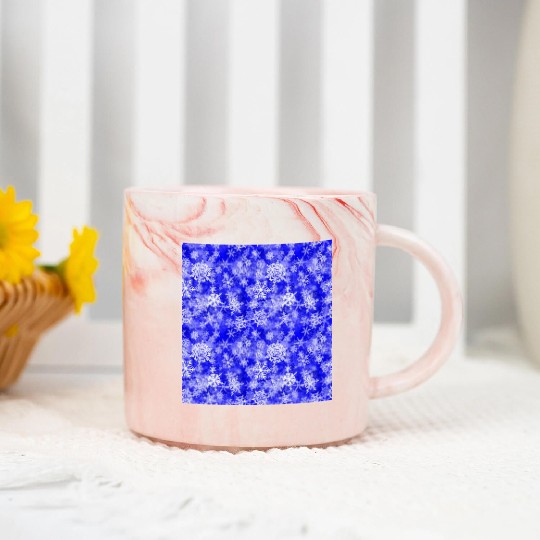 Navy Blue White Snowflakes Pattern Marble Mugs
