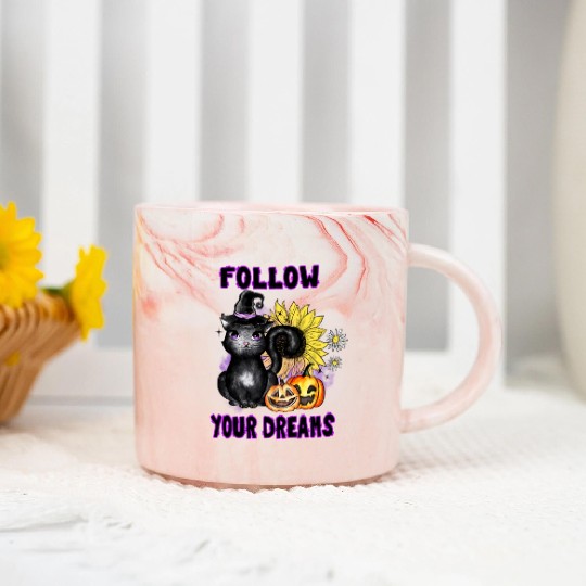 Follow Your Dreams - Black Cat Jack-O-Lantern Marble Mugs