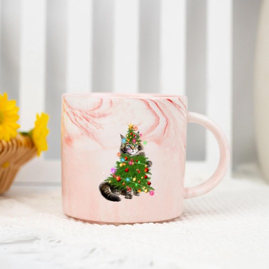 Cat Maine Christmas Tree Holiday Cat Lovers Xmas Marble Mugs