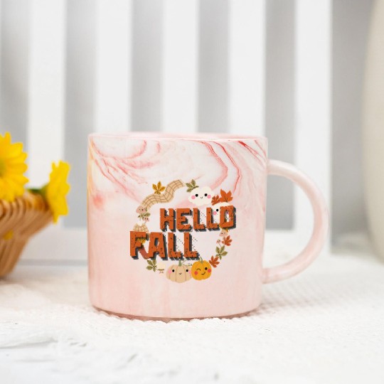 Hello Fall Cute Nature Autumn leaves Pumpkins Marble Mugs