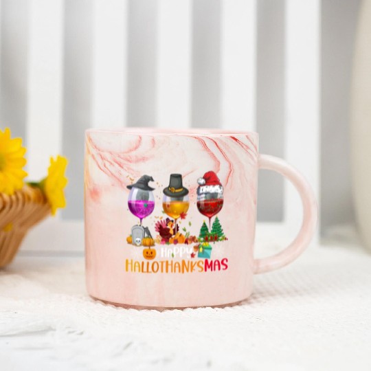 Wine Glasses Witch Santa hat Happy Hallothanksmas Marble Mugs