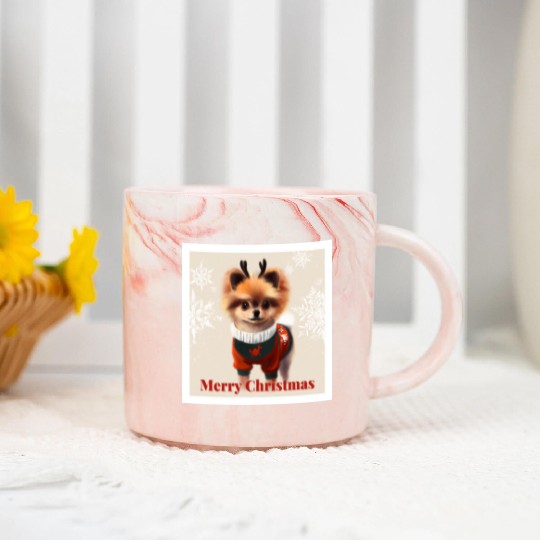 Sweet Miniature Spitz pomeranian in a Christmas. Marble Mugs