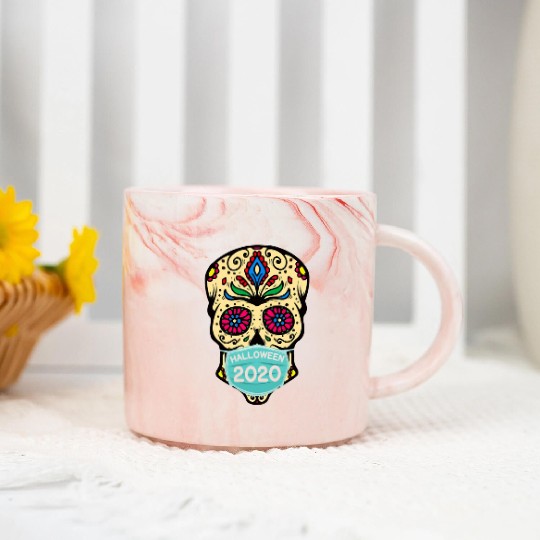 Sugar Skull Wearing Face Mask | Day of the Dead Marble Mugs