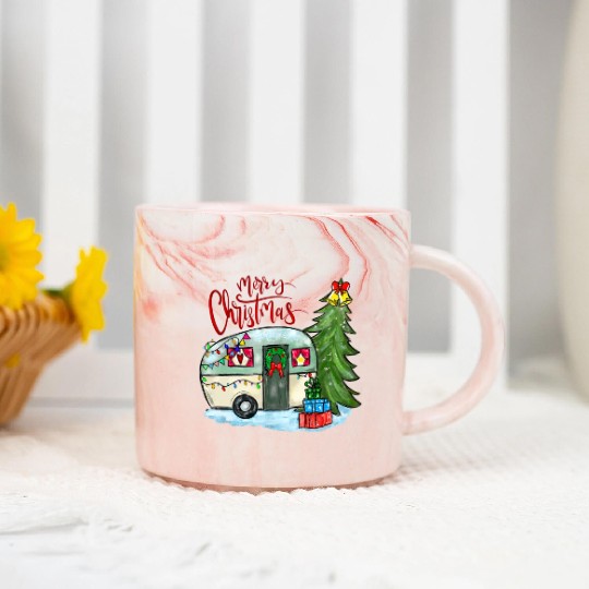Merry Christmas Happy Camper Funny Camping Life Marble Mugs