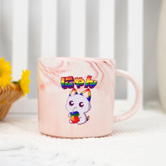 Gay Pride Kawaii Cat Strawberry Milk Rainbow Flag Marble Mugs