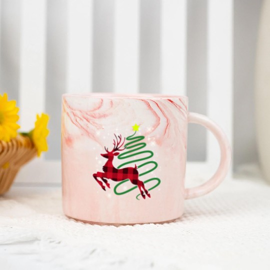 Red Plaid Reindeer Buffalo Deer Family Pajama Marble Mugs