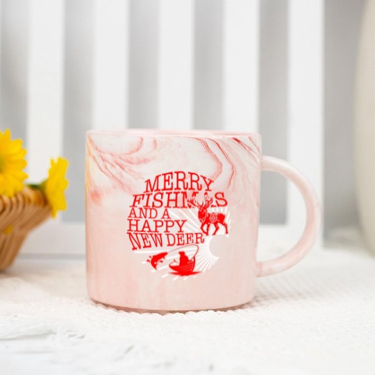 Christmas Marble Mugs, Merry Fishmas And Happy New Deer