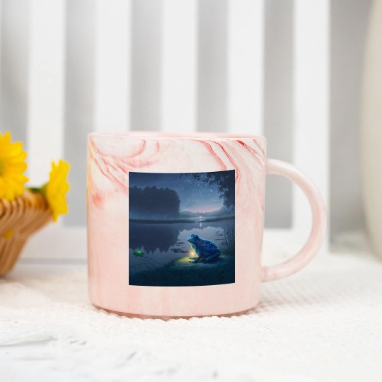 Blue Frog and Firefly on a pond at Night Marble Mugs
