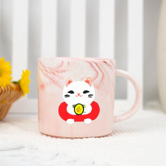 Kawaii Maneki Neko Cat Illustration Marble Mugs