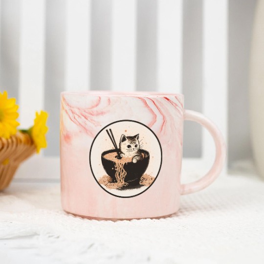 Cat Cat Ramen Noodles Cute Kitten Noodle Soup Marble Mugs
