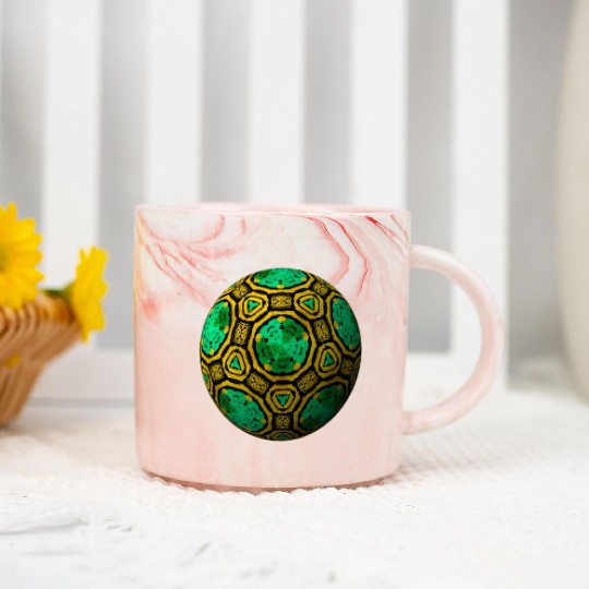 Green 3D Sphere with Gold Symmetric Shapes Marble Mugs