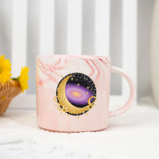 glowing violet galaxy with moon and stars Marble Mugs