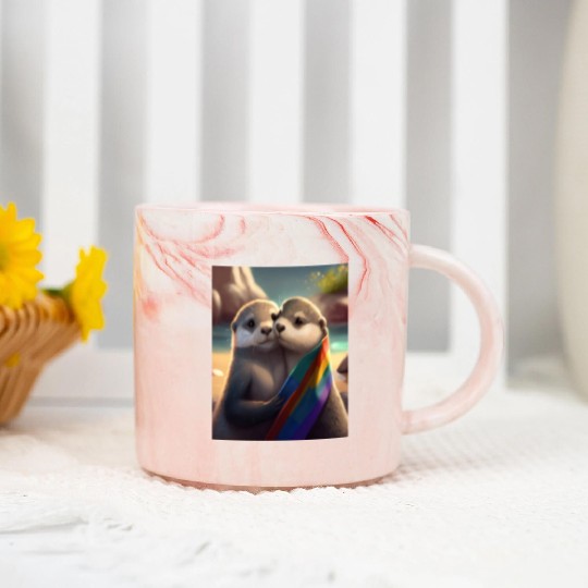 Hugging Otter Holding LGBT Flaglet Otter LGBT Marble Mugs