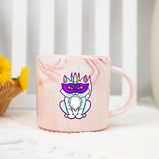 Cute Kawaii Cat With Purple Mask For Mardi Gras Marble Mugs