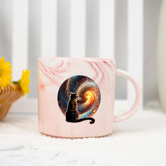 Cat Staring at a Galaxy Cat Dad Cat Lover Marble Mugs