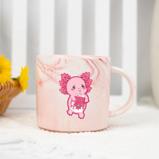 Kawaii Axolotl Strawberry Milk Teen Girl Kids Japa Marble Mugs