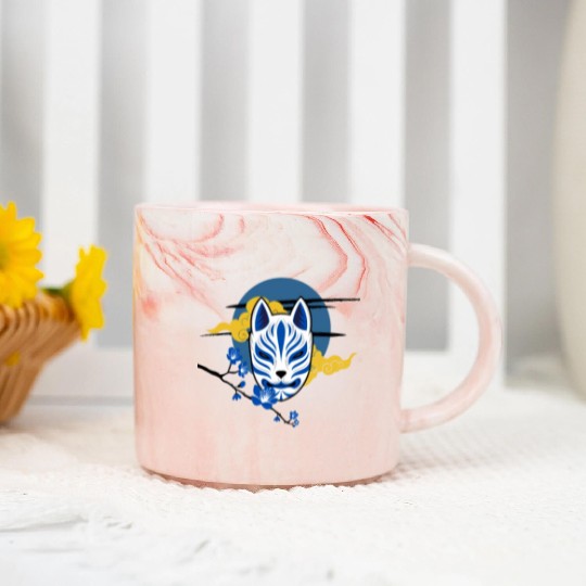 Black and Blue Japanese Kitsune Mask Marble Mugs