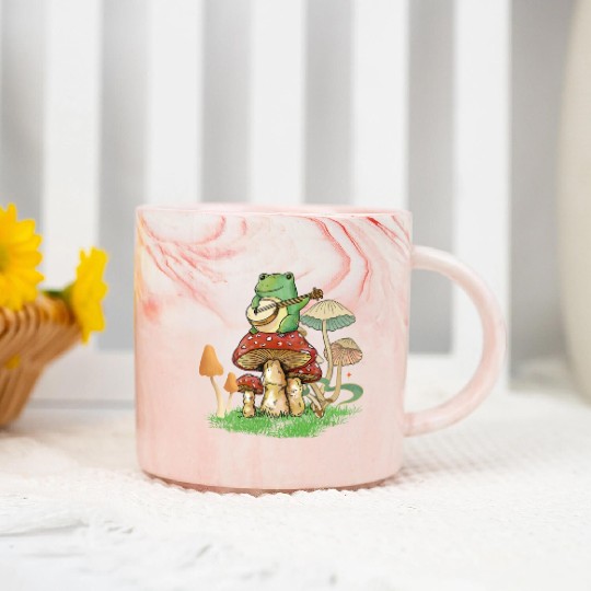 Frog Playing Instrument On Mushroom Marble Mugs