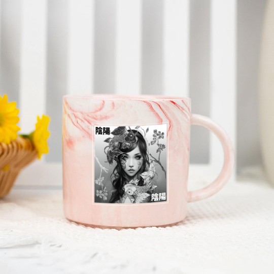 Yin Yang Koi Fish Gothic Emo Japanese Cherry Bloss Marble Mugs