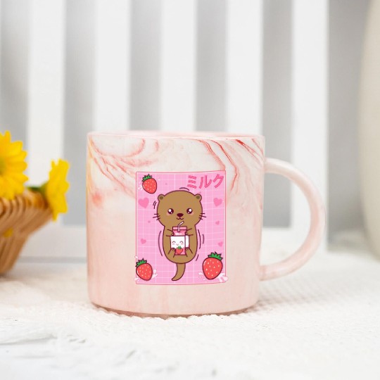 Kawaii Sea Otter Strawberry Milk Shake Otaku Marble Mugs