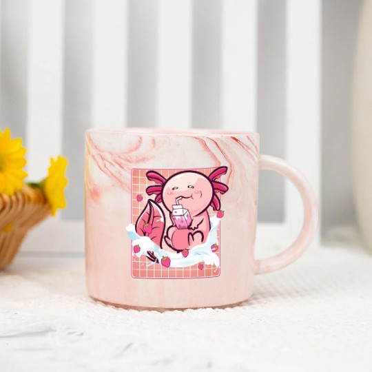 Kawaii Axolotl Strawberry Milk Shake Funny Sushi Marble Mugs
