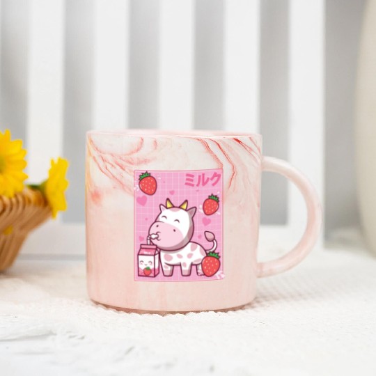 Kawaii Pink Strawberry Cow Milk Shake Otaku Anime Marble Mugs