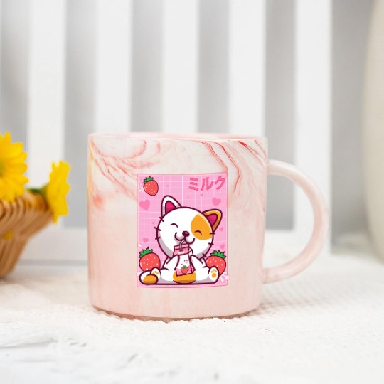 Kawaii Kitten Cute Cat Strawberry Milk Shake Marble Mugs