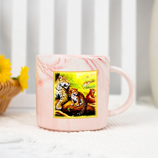 Jaguar Mom and Cubs Relaxing in Jungle. Buy Now Marble Mugs